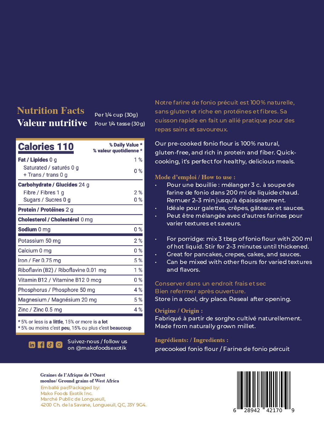 Farine de Fonio Précuit (700 g)